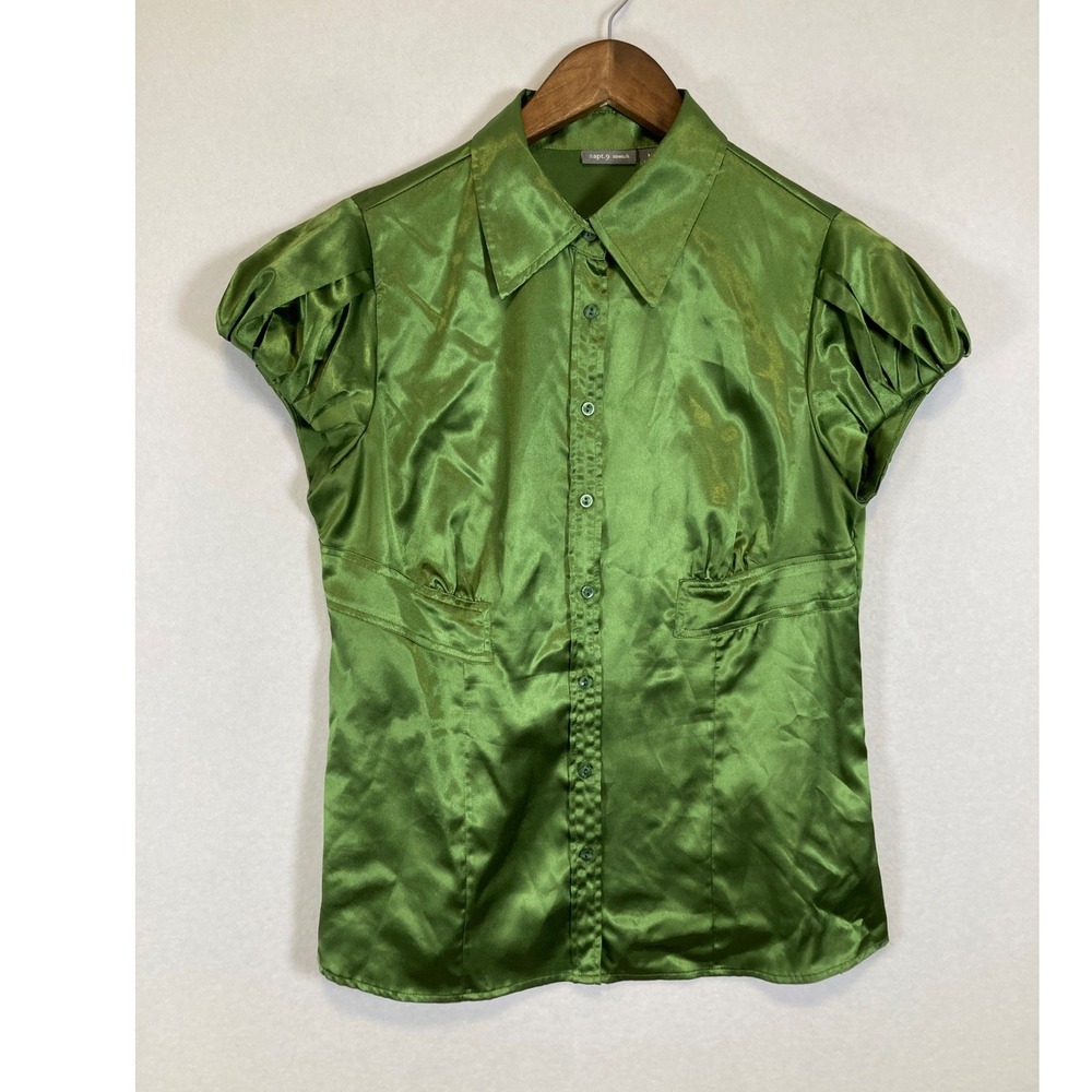 Regencycore Apt. 9 Women Medium Green Satin Pleated Puff Sleeve Blouse Top‎